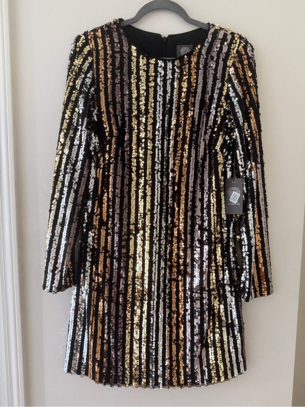 Vince Camuto Black Sequin Dress with Gold & Silver Stripes